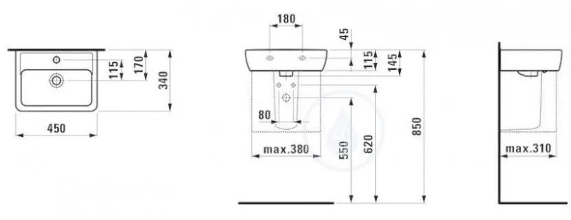 LAUFEN Pro Umývadielko, 450 mm x 340 mm, biela – bez otvoru na batériu, s LCC H8119514001091