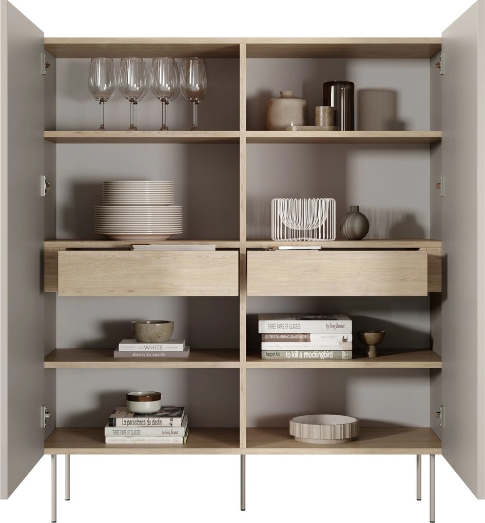 Vysoká komoda Desin 120 cm s dvoma dverami a skrytými zásuvkami - kasmír / dub Nagano