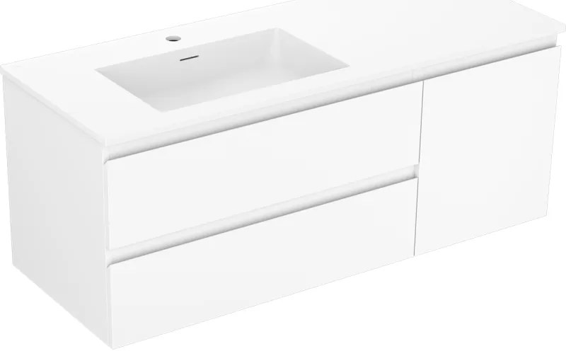 Mexen Orio, kúpeľňová skrinka 120 cm s ľavým umývadlom Otis, 2S, 1D, biela matná, 91A13-12047-3-BBFFF01-W18L01