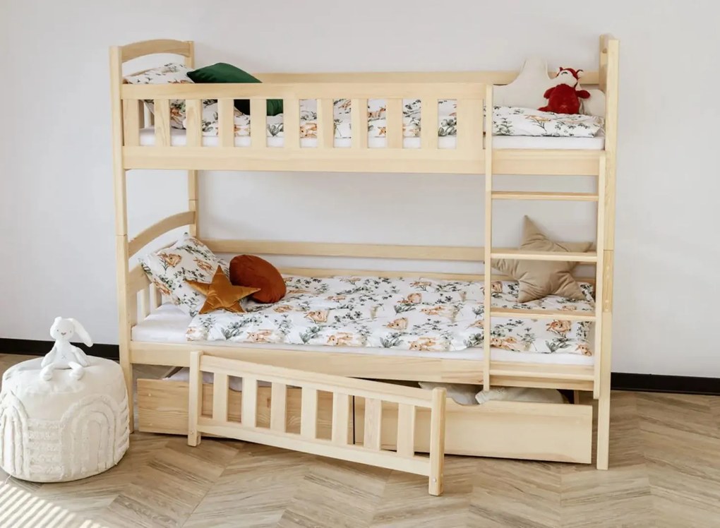 Detská poschodová posteľ z masívu BOHDANA s prístelkou a šuplíky - 200x90 cm - PRÍRODNÁ BOROVICA