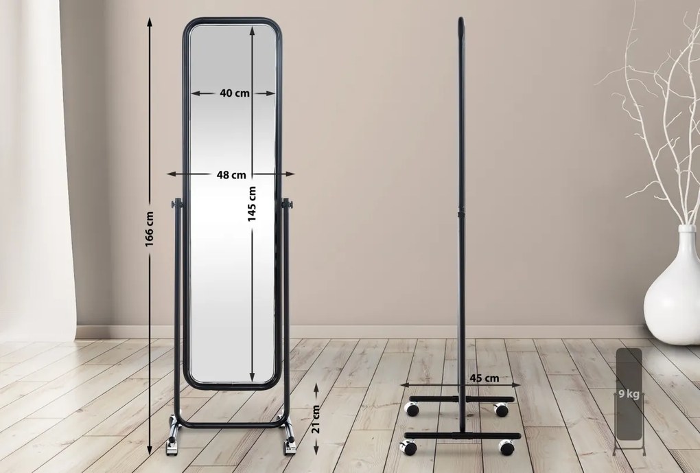 Stojace zrkadlo Medusa 317222 - 166x48x45 cm - Čierna