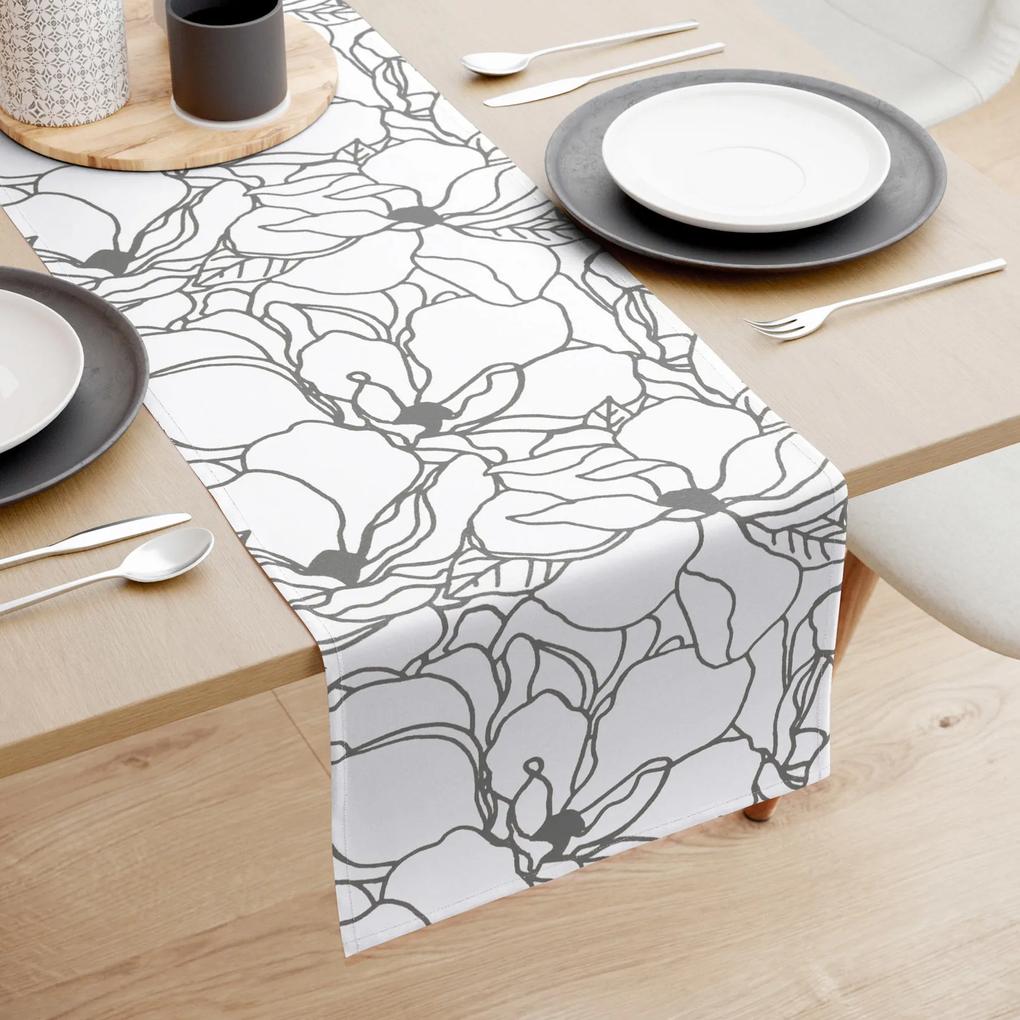 Goldea behúň na stôl 100% bavlnené plátno - tmavo sivé kvety na bielom 20x180 cm
