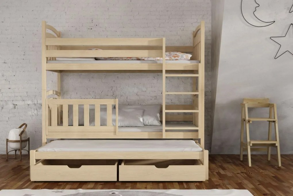 Detská poschodová posteľ z masívu borovice ONDRA s prístelkou a šuplíkmi - 200x80 cm - PRÍRODNÁ BOROVICA