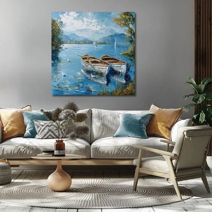 Obraz krajiny na plátne Scenéria s loďkami | Akrylové detaily 60x60 cm