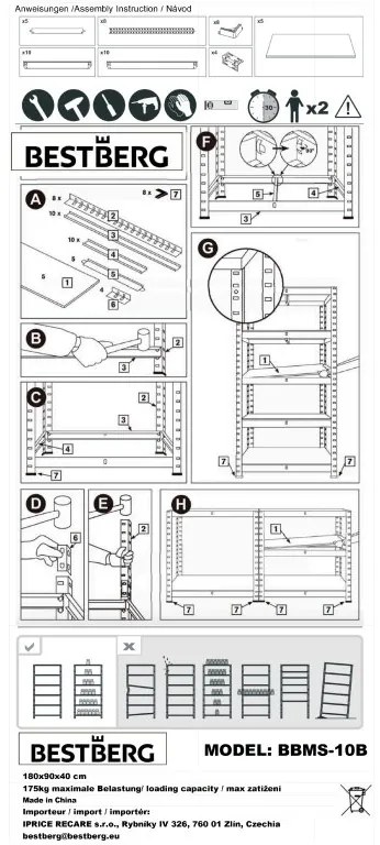 Kovový regál BestBerg BBMS-10B / 90 x 180 x 40 cm / 5 políc / čierna / hnedá