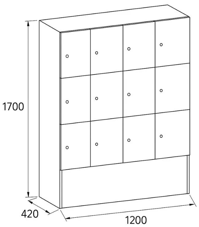 Drevená šatníková skrinka s odkladacími boxami, 12 boxov, 1700 x 1200 x 420 mm, cylindrický zámok, buk