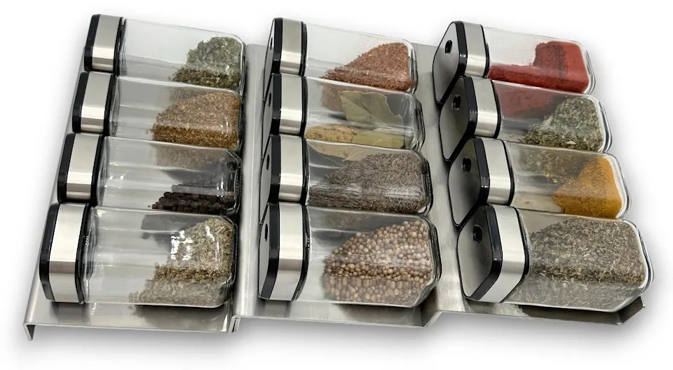 usporadejto.cz Súprava 16ks koreničiek INOX 100ml + 4ks nerezový organizér na koreničky VASKY - NEREZ (nízky) + súprava 24ks štítkov