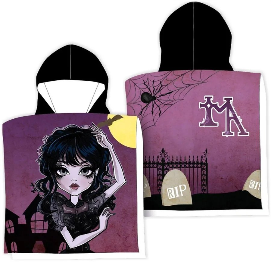 Detská osuška s kapucňou - plážové pončo Wednesday Addams - motív Ghotic Girl - 55 x 110 cm