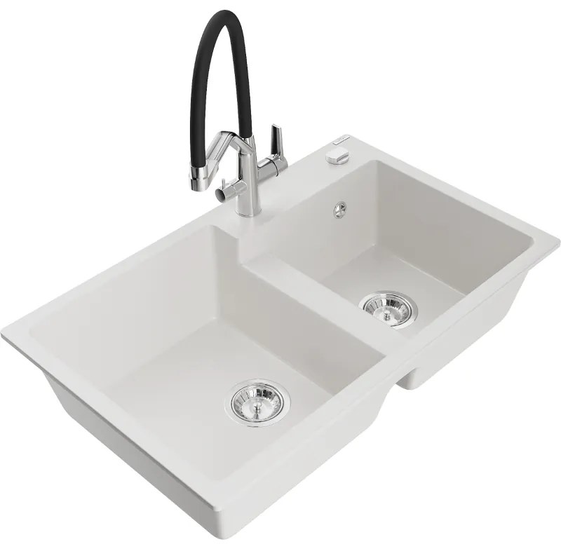 Mexen Tomas, 2-komorový granitový drez 800x500x190 mm a kuchynská batéria Duo, biela, 6516-20-671701-07