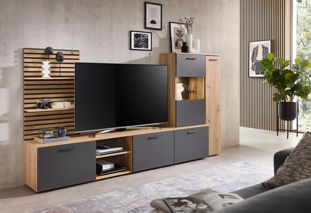 Obývacia  stena Heathrow, dub artisan/antracit, s osvetlením