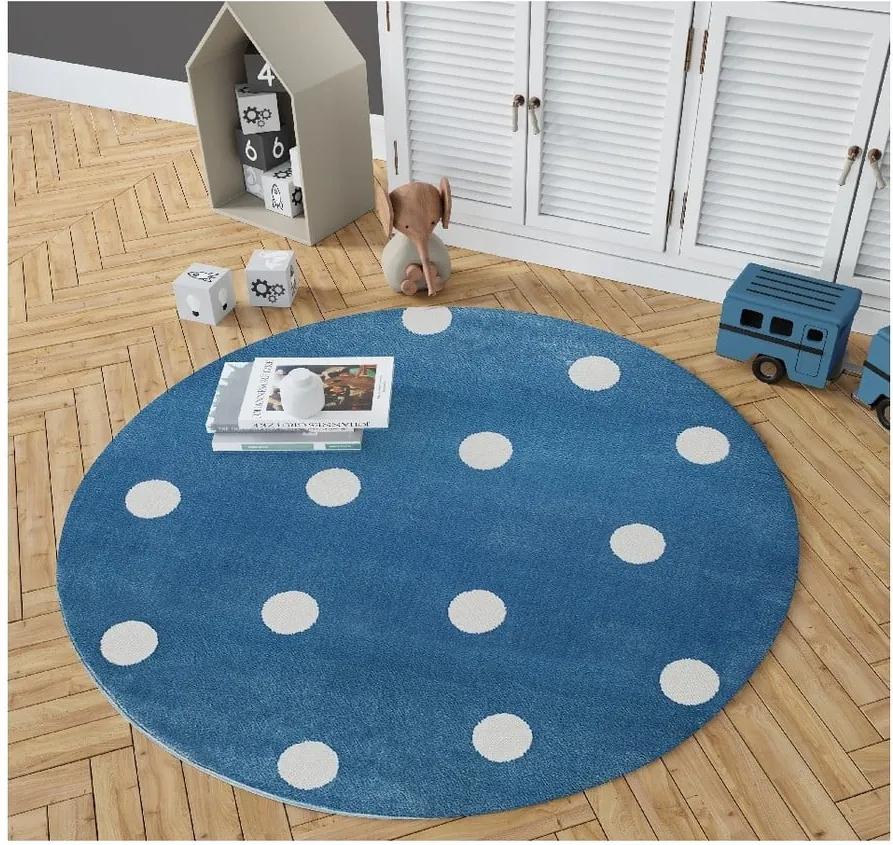 Modrý guľatý koberec s bodkami KICOTI Blue, 100 × 100 cm | BIANO
