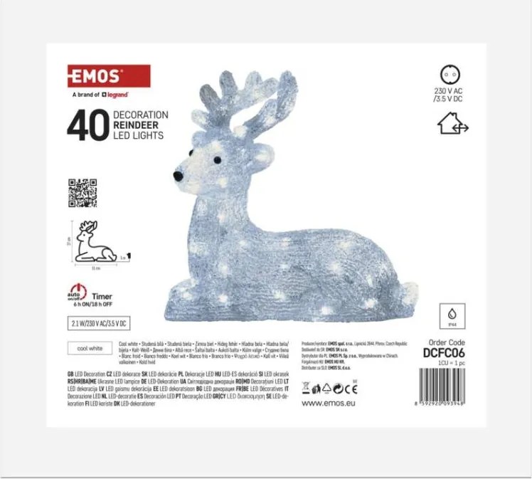 EMOS DCFC06 vianočná dekorácia - jelenček 40 LED V27cm 2,1W studená biela, IP44, časovač, adaptér
