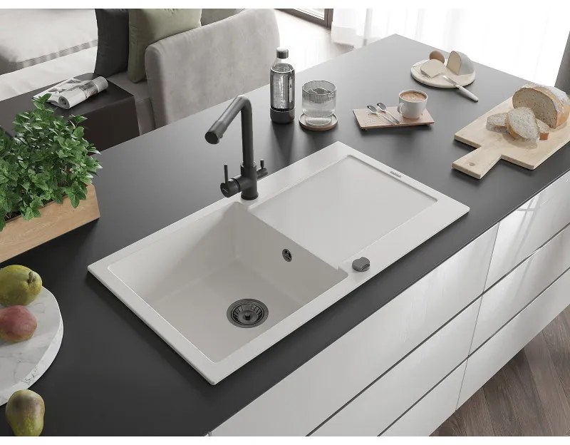 Mexen Leo, drez granitový 900x500x190 mm, 1-komorový a čierna batéria Duero, biela, 6501-20-671600-70