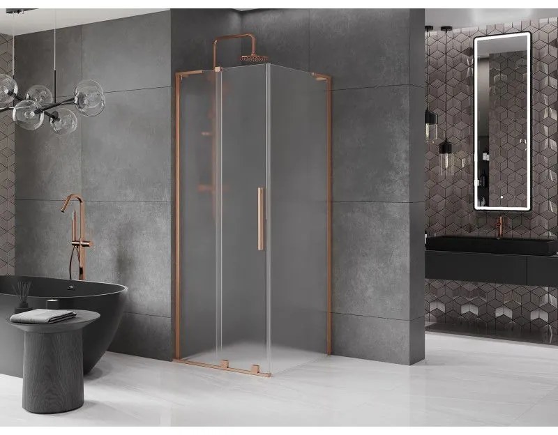 Mexen Velar L, sprchový kút s posuvnými dverami 90 x 90 cm, 8mm sklo námraza, medená matná, 871-090-090-33-65