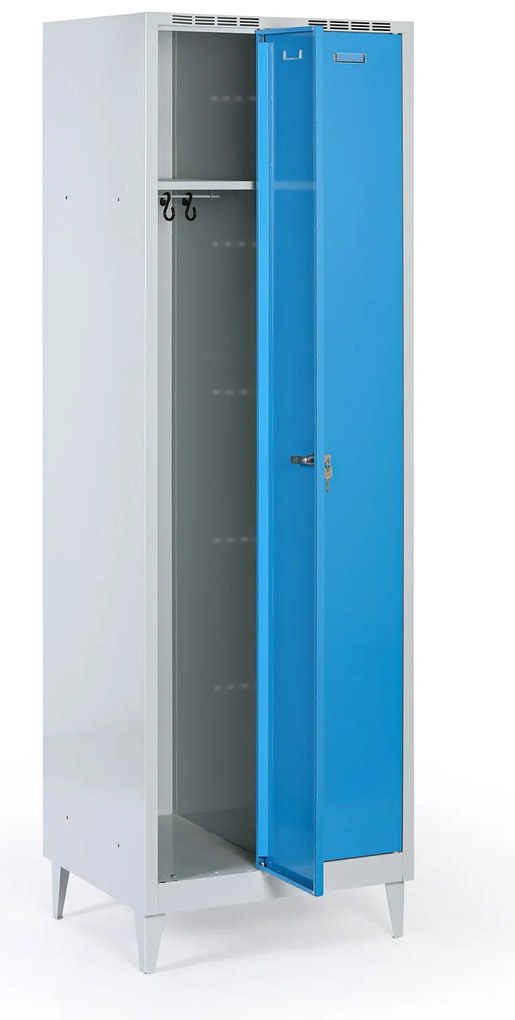 Plechová šatníková skrinka S8 na nohách, 2-dverová, 1920 x 600 x 500 mm, cylindrický zámok, modré dvere