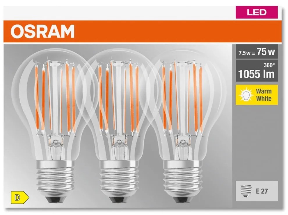 3PAK LED žiarovka E27 A60 CL 7,5W = 75W 1055lm 2700K Warm 300° Filament OSRAM BASE