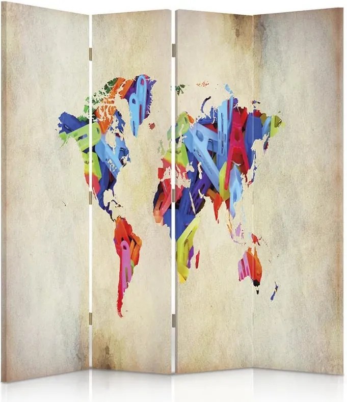 CARO Paraván - Colorful Map Of The World | štvordielny | obojstranný 145x150 cm