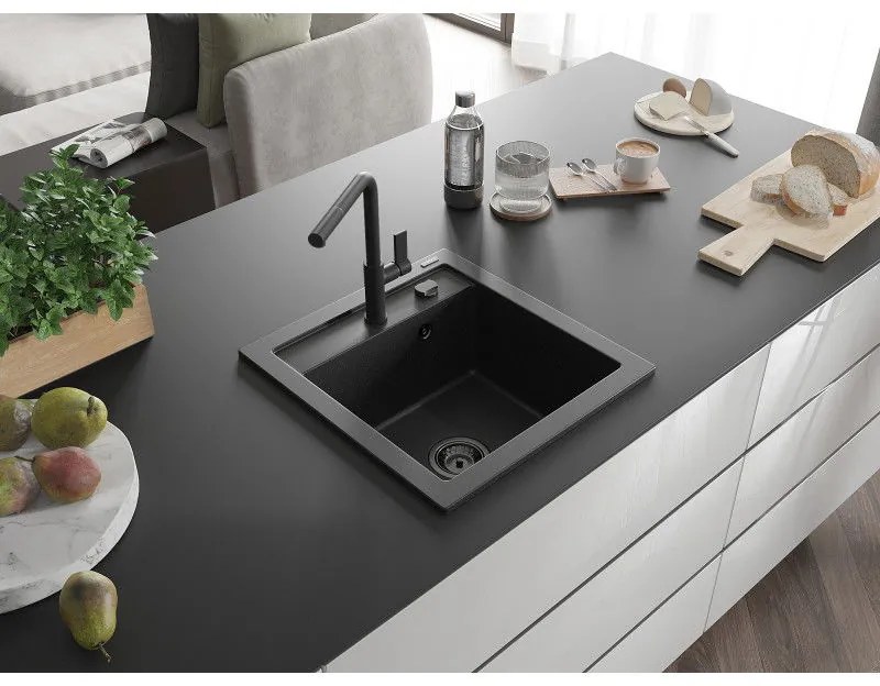 Mexen Vito, 1-komorový granitový drez 490x520x210 mm a drezová batéria Flora, čierna-strieborná metalíza, 6503-73-670401-70-B