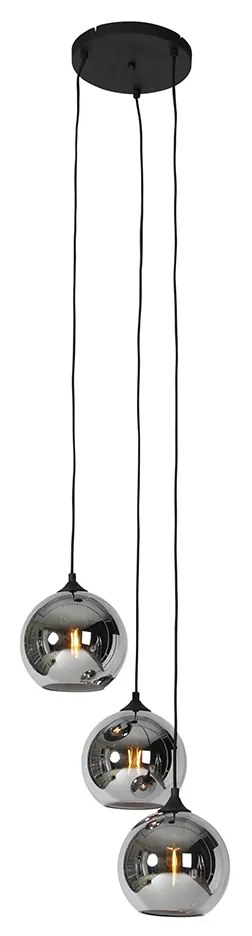 Art Deco závesné svietidlo čierne s dymovým sklom 3-svetlo - Wallace