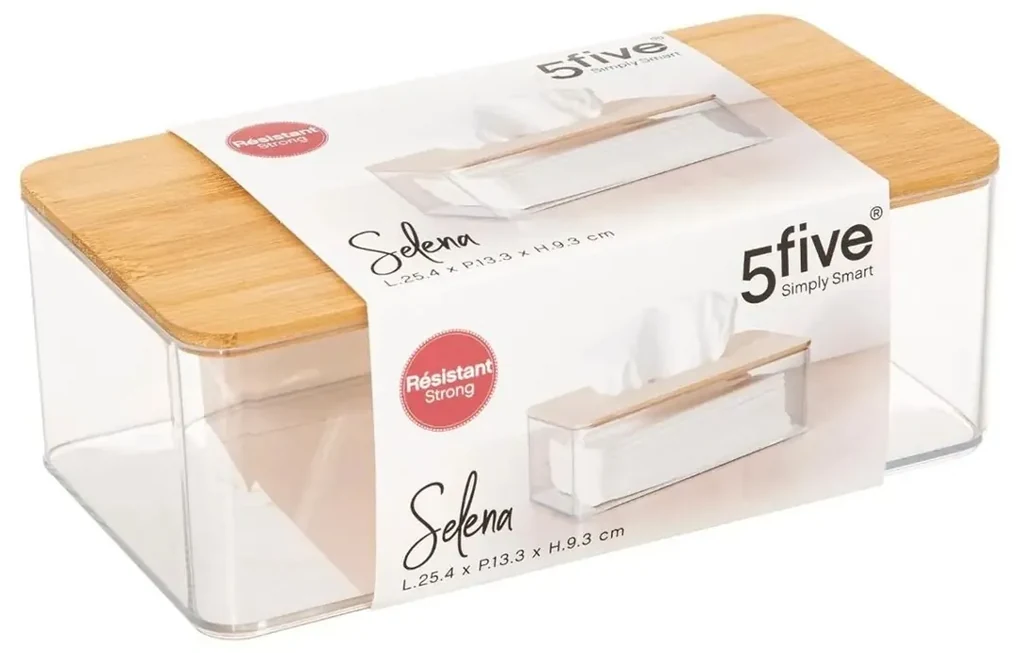 Box na vreckovky Selena, 25,3x9,3x13,3 cm, číra/s drevenými prvkami