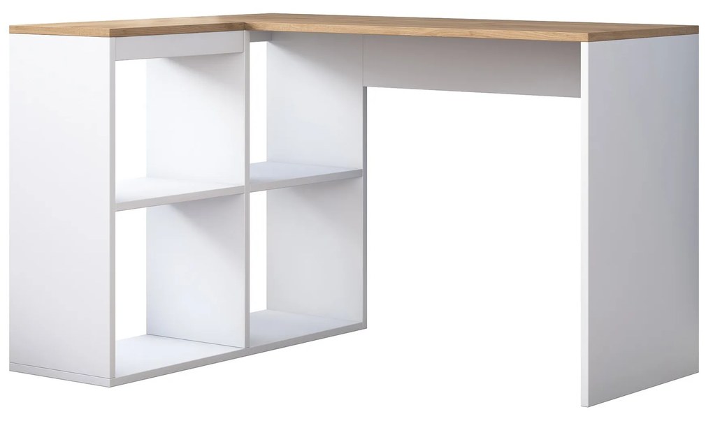 Rohový psací stůl Mario 120 cm s úložným regálem dub přírodní/bílý