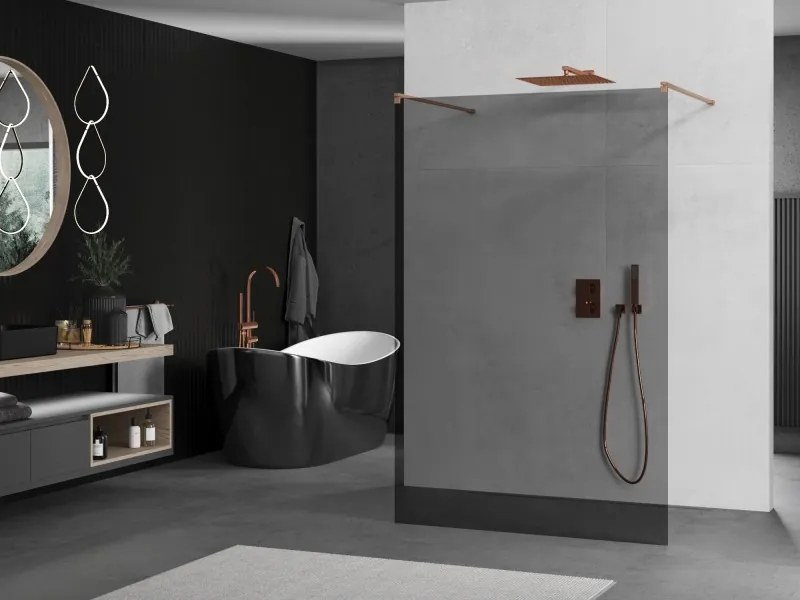 Mexen Kioto, sprchová zástena Walk-In 130 x 200 cm, 8mm šedé sklo, medený matný profil, 800-130-002-65-40