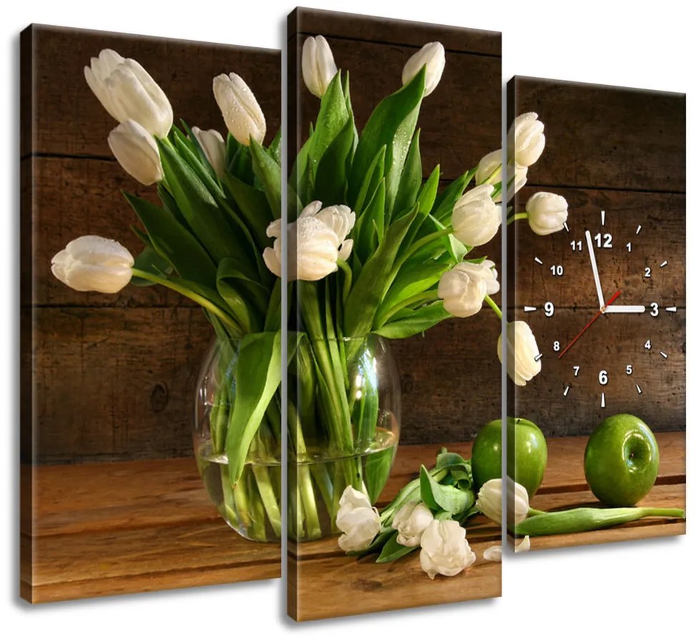 Gario Obraz s hodinami Očarujúce biele tulipány - 3 dielny Rozmery: 90 x 70 cm