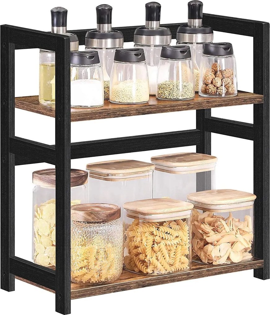 Stolný organizér, 2-úrovňový stojan na korenie, rustikálny hnedý a čierny