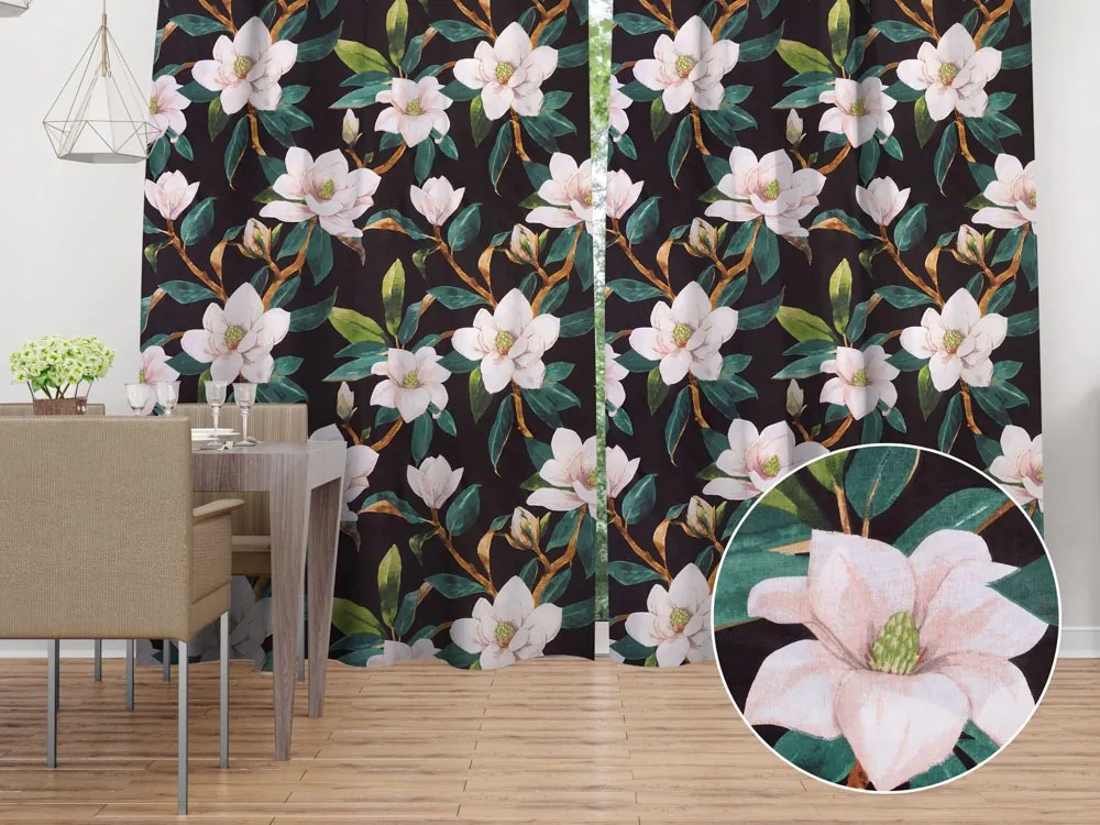 Biante Bavlnený záves Sandra SA-300 Kvety magnólie na čiernom 150x230 cm