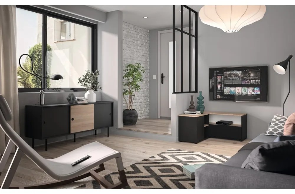TV stolík v dekore duba v čierno-prírodnej farbe 90x45 cm Angle – TemaHome