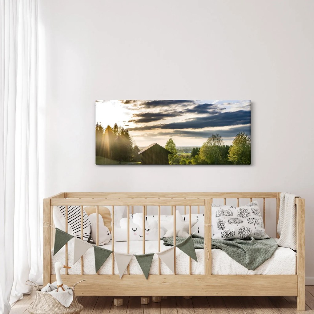 Obraz chaty na lúke (120x50 cm)