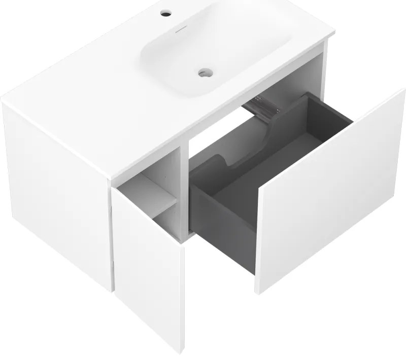 Mexen Orio, kúpeľňová skrinka 90 cm s pravým umývadlom Vela, 1S, 1D, biela matná, 91A13-09047-3-BBFF01-W23P01