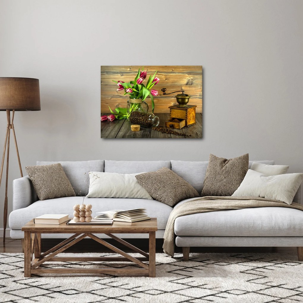 Obraz - tulipány, mlynček a káva (70x50 cm)