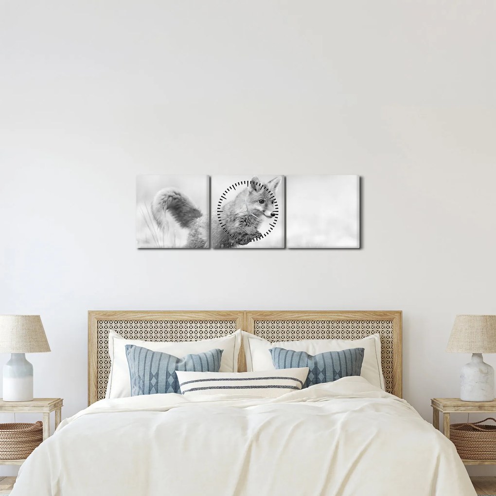 Obraz - Skákajúca líška, čiernobiela (s hodinami) (90x30 cm)