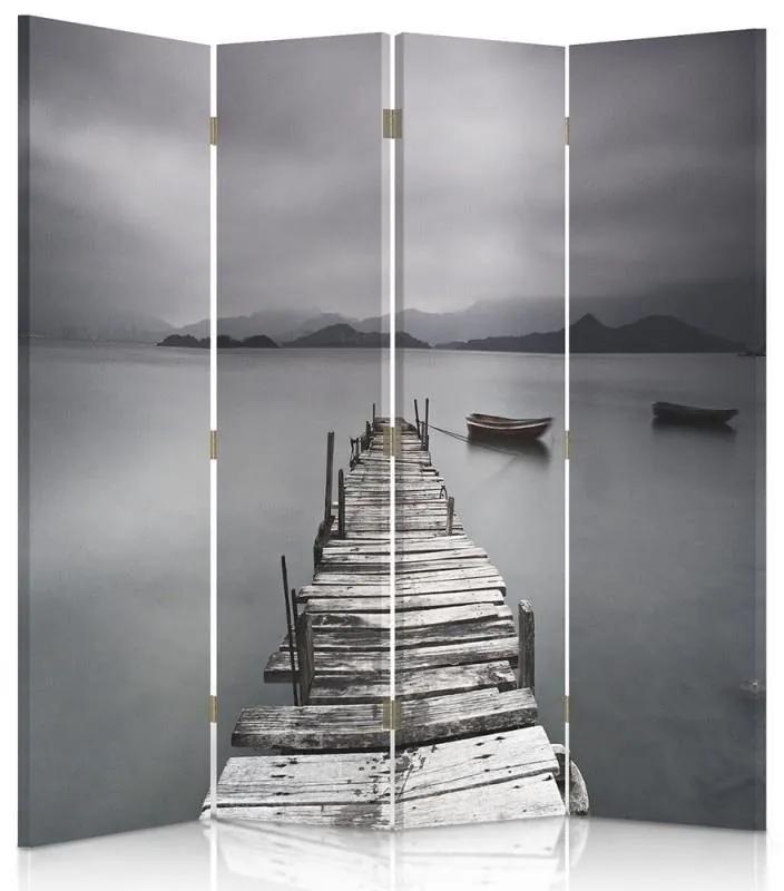 Ozdobný paraván, Most v šedé barvě - 145x170 cm, štvordielny, klasický paraván