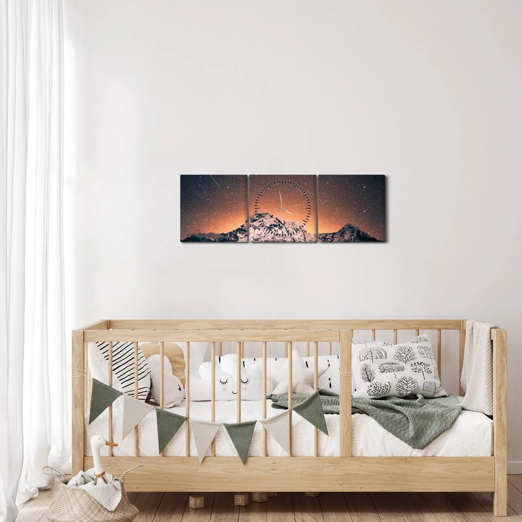 Obraz hviezdnej oblohy s horami (s hodinami) (90x30 cm)