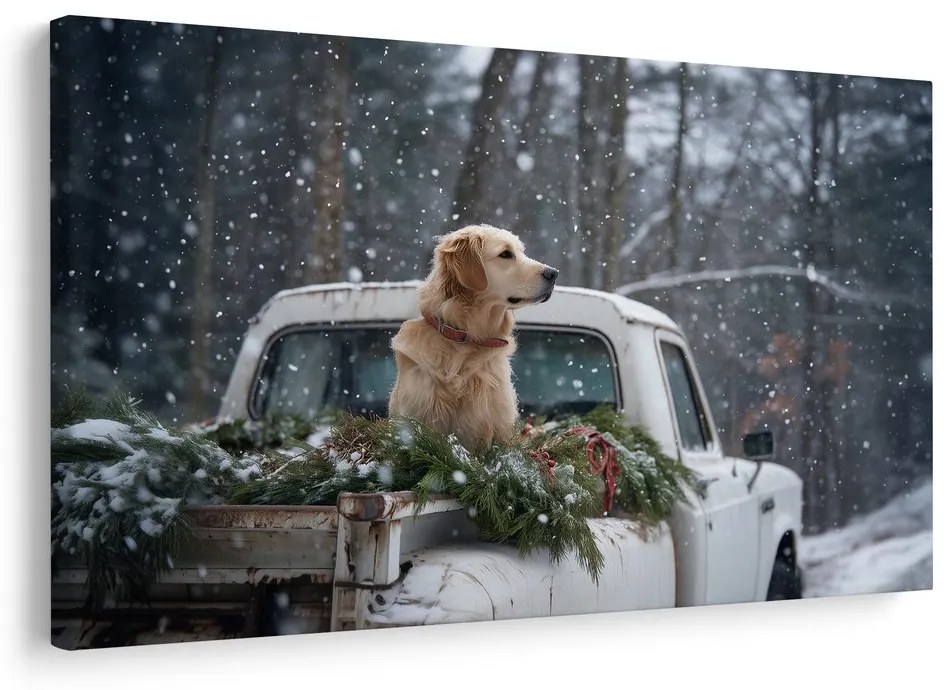 Obraz vianočný pes na zasneženej korbe