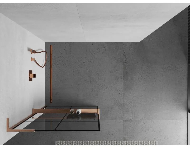 Mexen Kioto+ L, sprchová zástena Walk-In s poličkou a vešiakom 90 x 200 cm, 8mm číre sklo čierny vzor, medený matný profil, 800-090-123-65-77