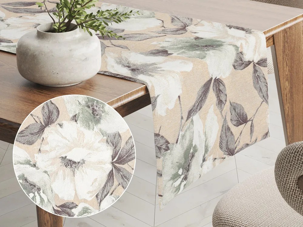 Biante Dekoračný behúň na stôl Porto PRT-012 Zeleno-biele kvety na béžovom 45x160 cm
