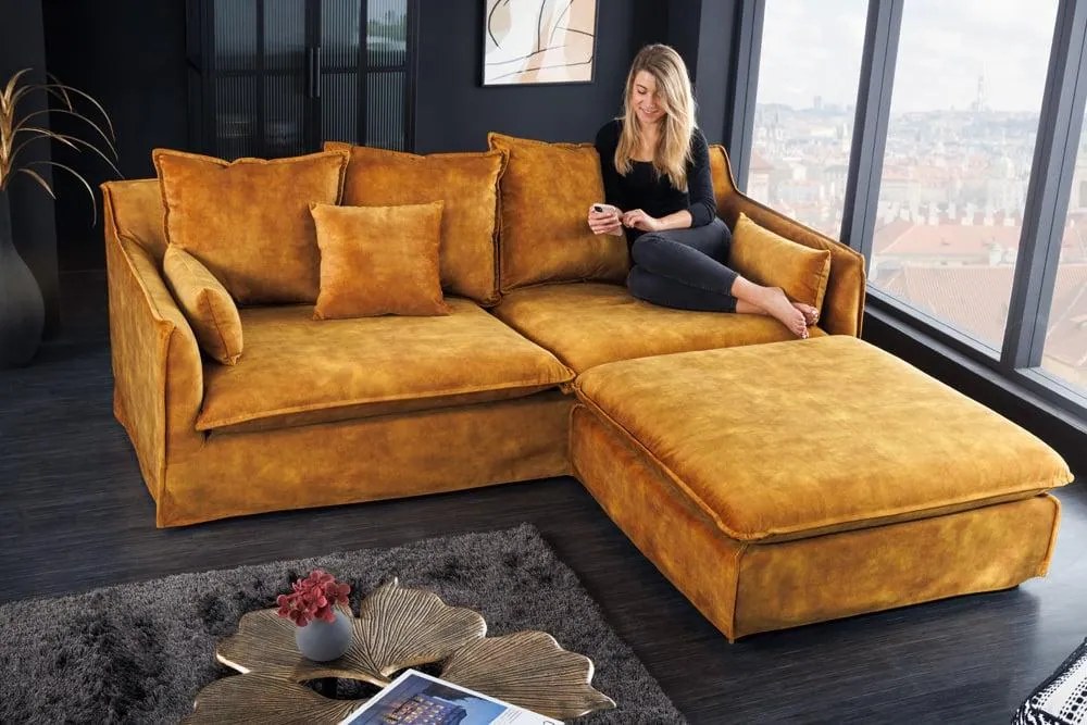 Invicta Interior - Pohovka 3-miestna HEAVEN 210 cm, zamat, odnímateľný poťah, horčicovo žltá
