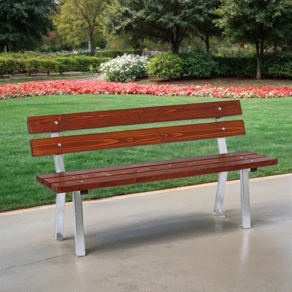 Vonkajšia lavička WOODY s operadlom 1+1 ZADARMO, nerezová, 1500 mm, mahagón tmavý