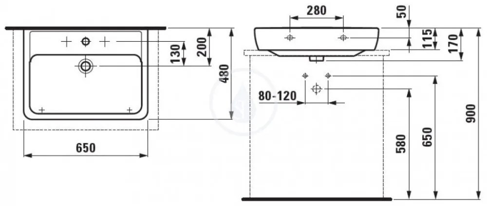 LAUFEN Pro A Umývadlo, 650 mm x 480 mm, 1 otvor na batériu, biela H8179530001041