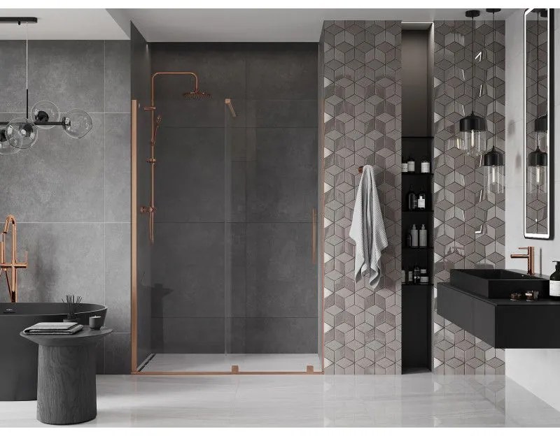 Mexen Velar, posuvné dvere do otvoru 130x200 cm, 8mm číre sklo, medená matná, 871-130-000-01-65