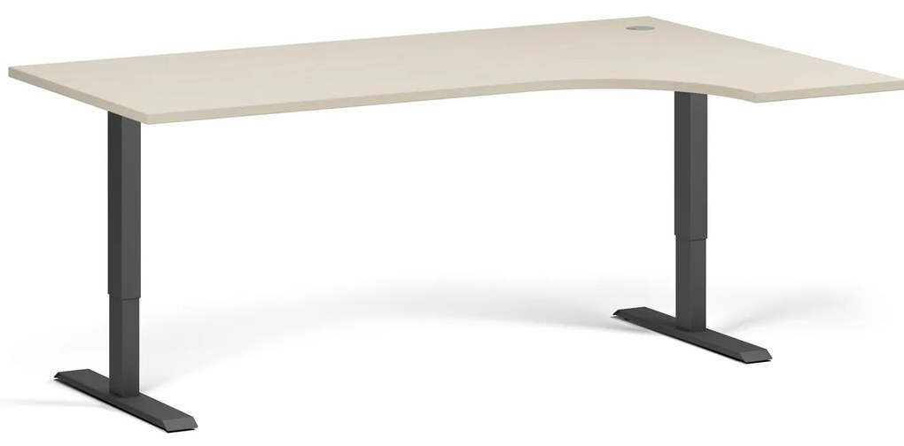 Rohový výškovo nastaviteľný stôl, 180x120 cm, 2 motory, L/P, čierna podnož, breza