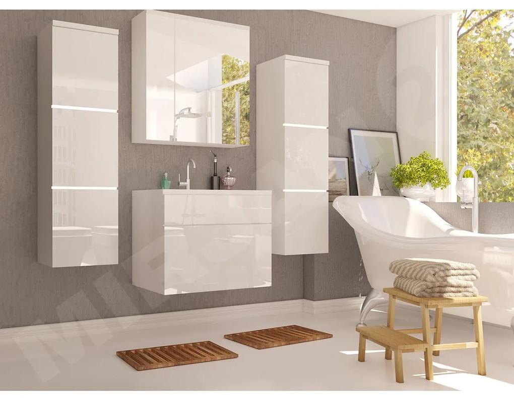 Kúpeľňový nábytok Mandy, Farby: biela / biely lesk, Sifón: so sifónom, Umývadlo: áno, Osvetlenie: osvetlenie LED