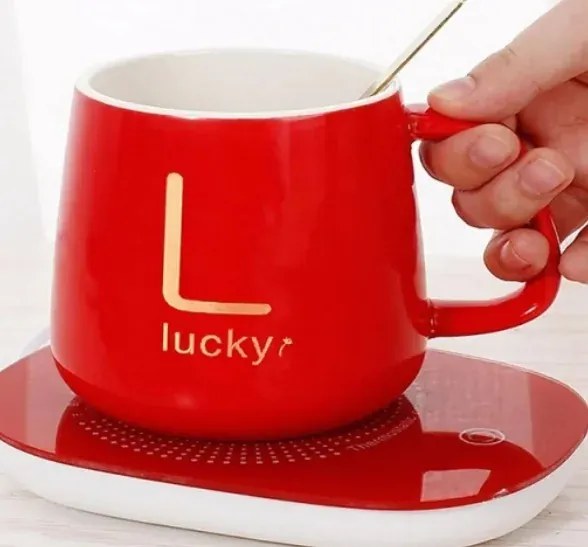 Sada keramického hrnčeka s elektrickým ohrievačom Lucky v darčekovom balení - red