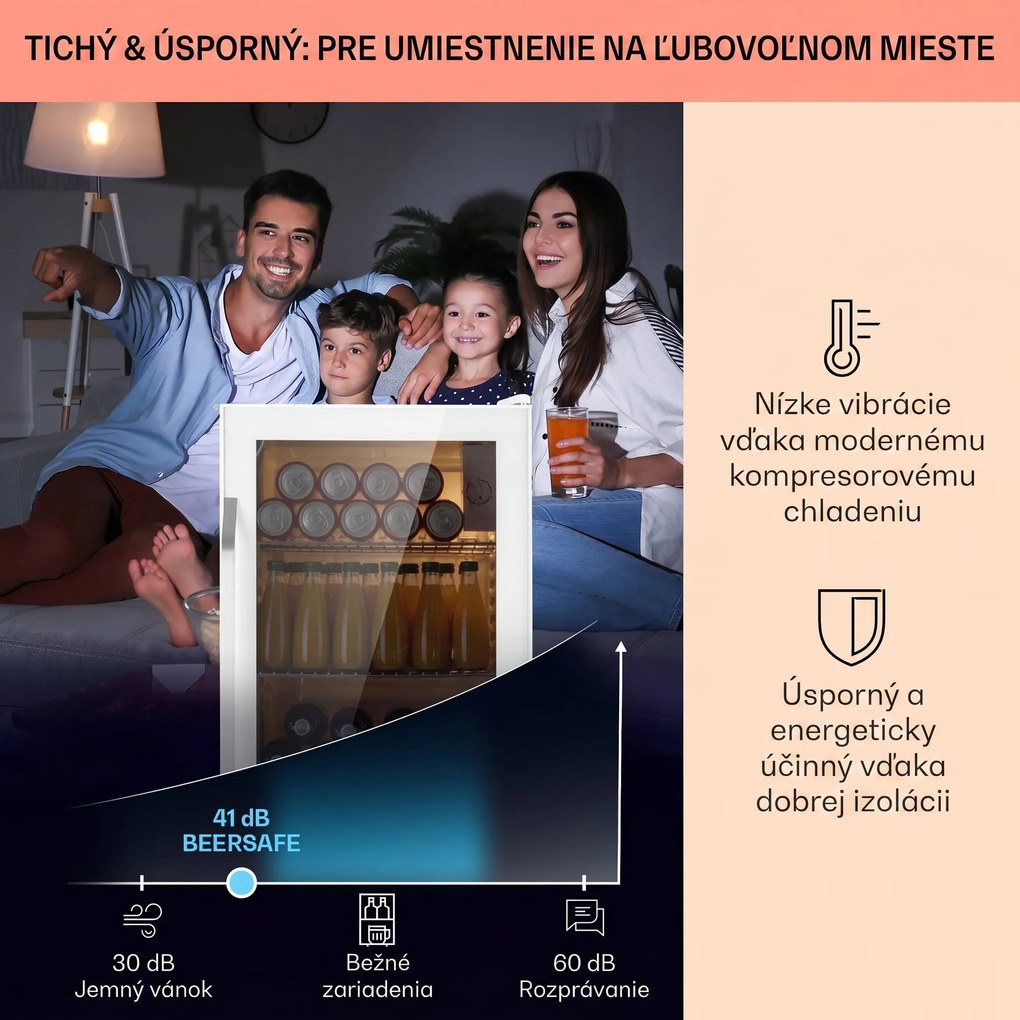Klarstein Beersafe XXL Quartz, chladnička, energet. trieda E, 3 kovové police, panoramatické sklenené dvierka