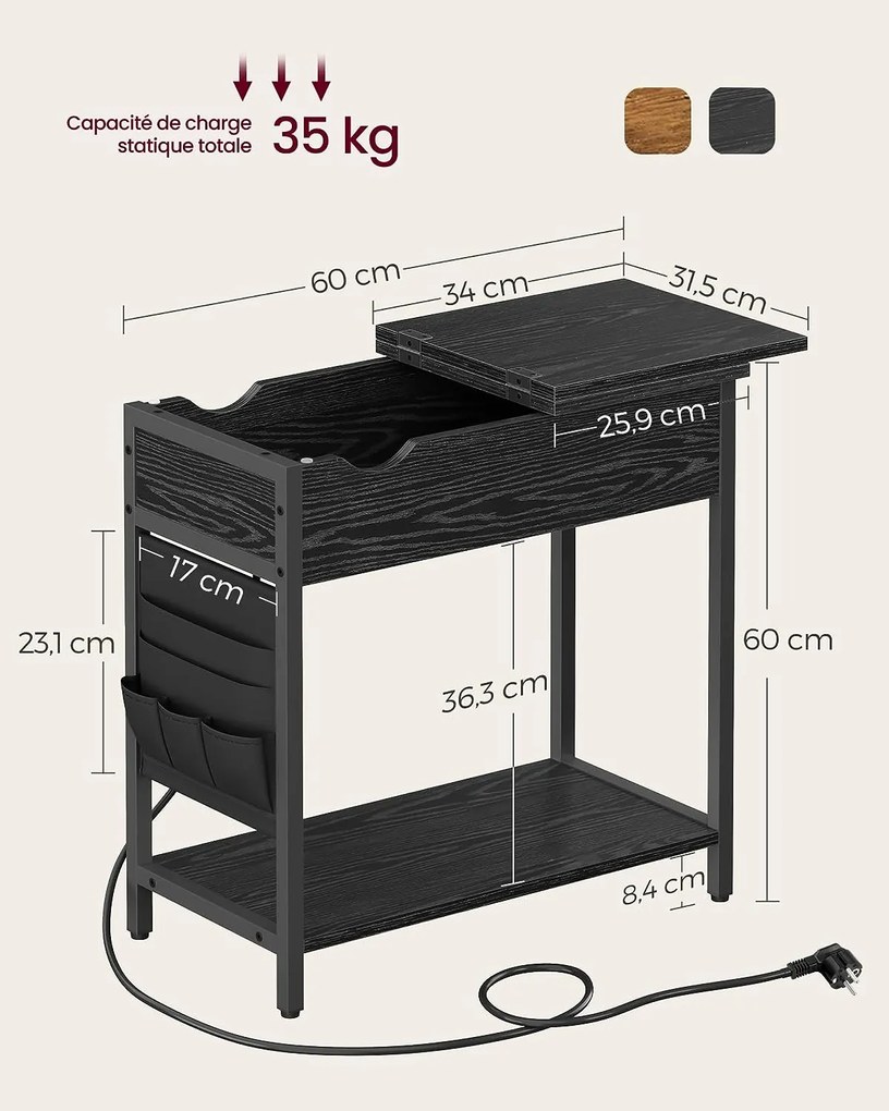 VASAGLE Rozkladací stolík s elektrickou zásuvkou čierny