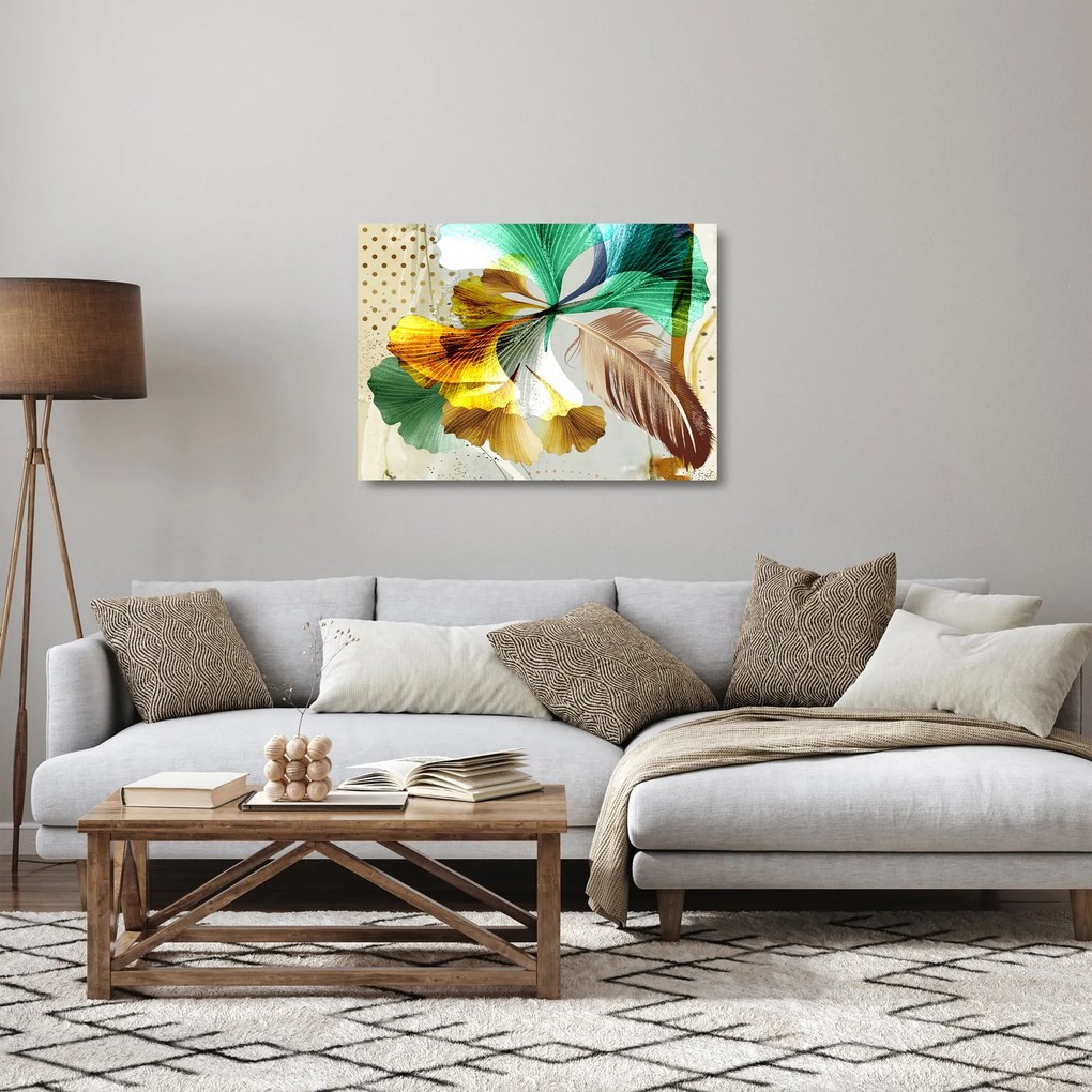 Sklenený obraz - Listy s pierkom (70x50 cm)