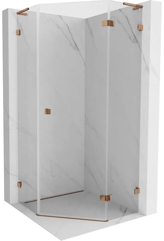 Mexen Lunar, L pravý výklopný päťuholníkový sprchový kút 100 x 100 cm, 8mm číre sklo, profil ružové zlato, 831L-100P-100L-60-00-P